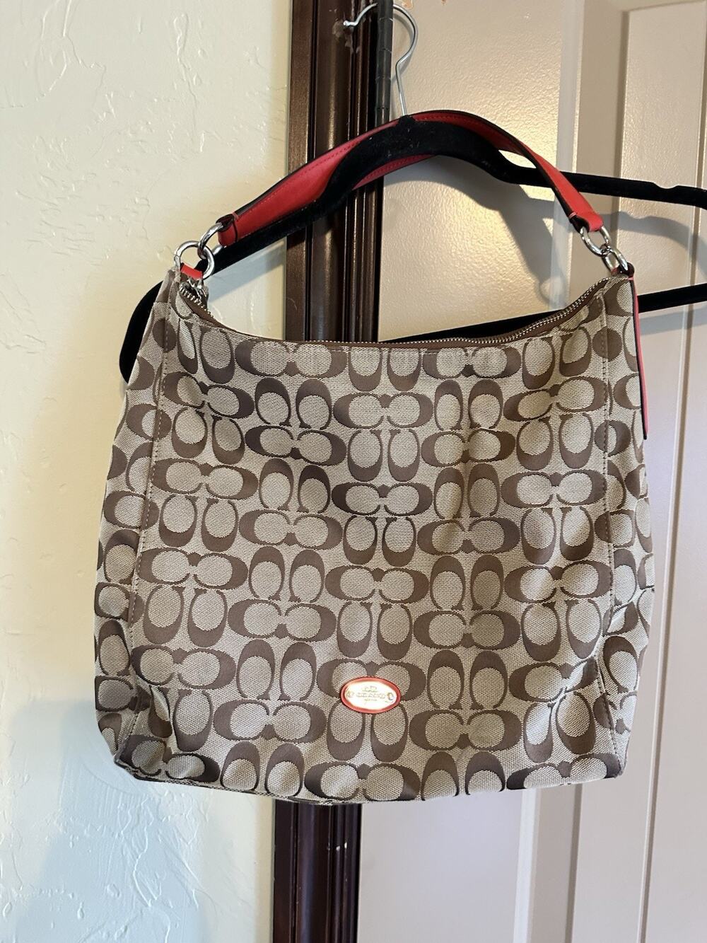 Coach Women's Medium Signature Canvas Shoulder Bag Tan Brown with Orange Trim